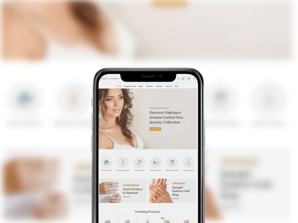 Mobile view of the Dakinaa jewelry website homepage featuring various jewelry collections